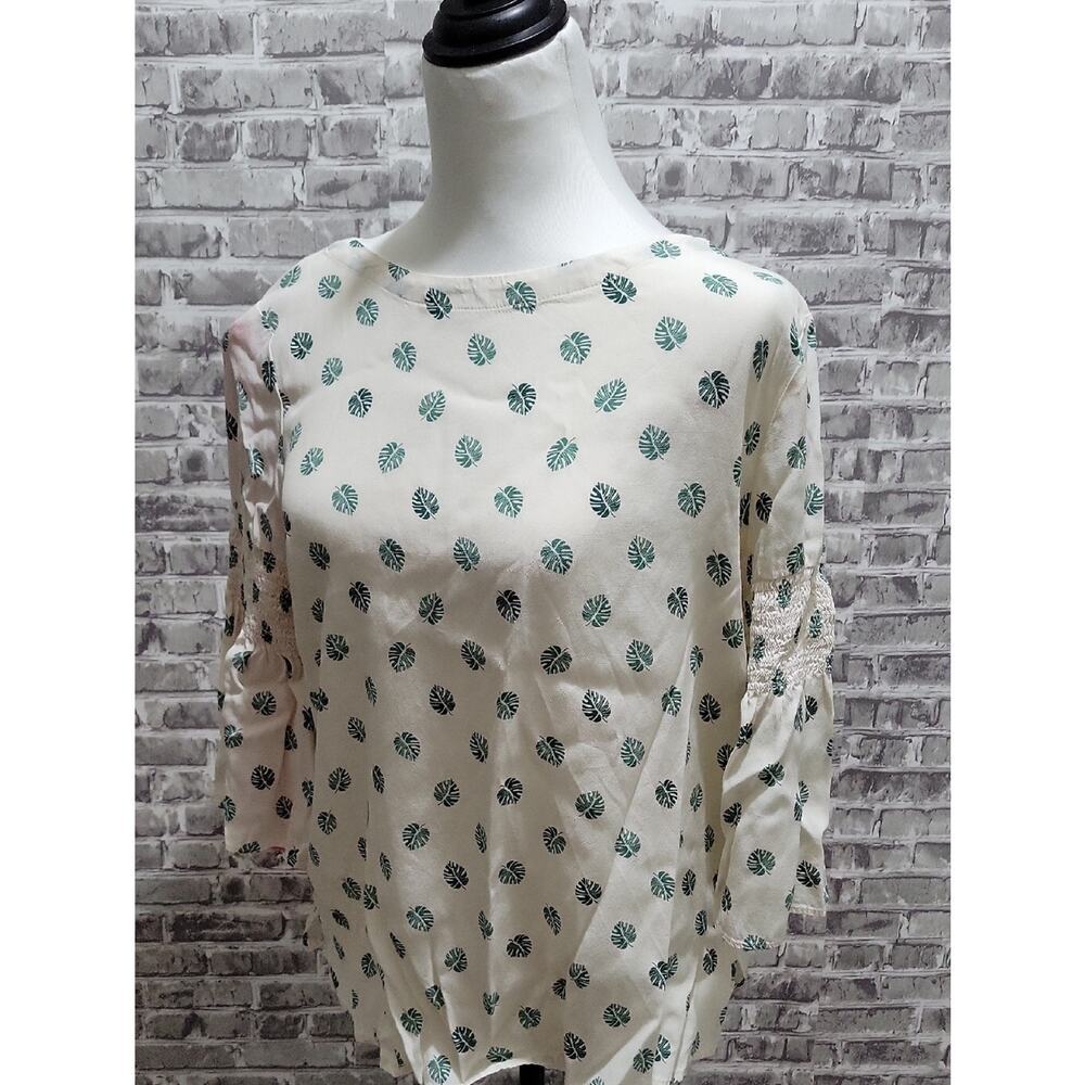 LOFT Boho Ivory and Green Palm Leaf Pattern Blouse, Womens Sz S,  Summer